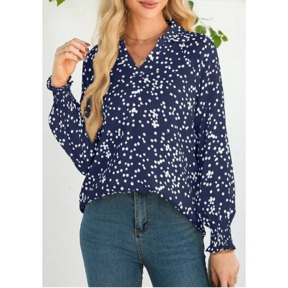 New Women's Blue While Polka Dot Ls Poet Relaxed Fit Lined Gathered Cuffs Sz XL - Picture 1 of 9